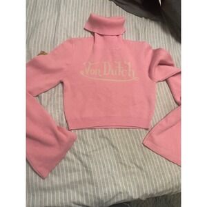 Von Dutch Pink Cropped Turtleneck Bell Sleeve Logo Sweater Y2K Medium